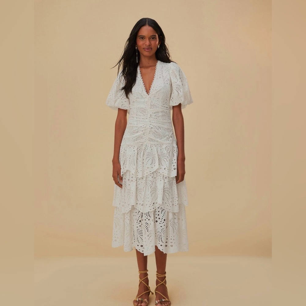 NEW FARM Rio White Eyelet Tiered Puff Sleeve Midi Dress‎ Size XS
